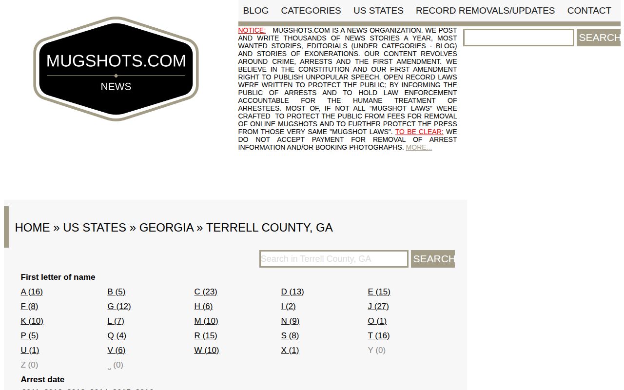 Unofficial historical Mugshots.com Terrell County page with old date buckets
